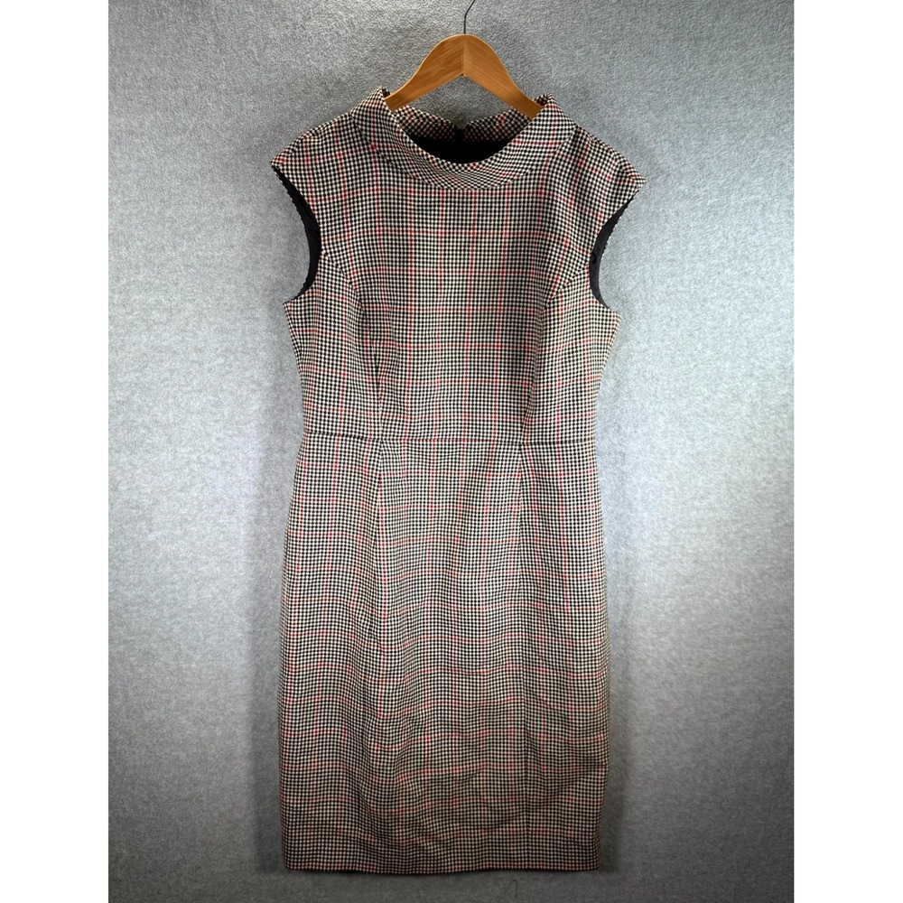 Brooks Brothers Sheath Dress Women 8 Black‎ Red Wool Houndstooth Moon British - Picture 2 of 14